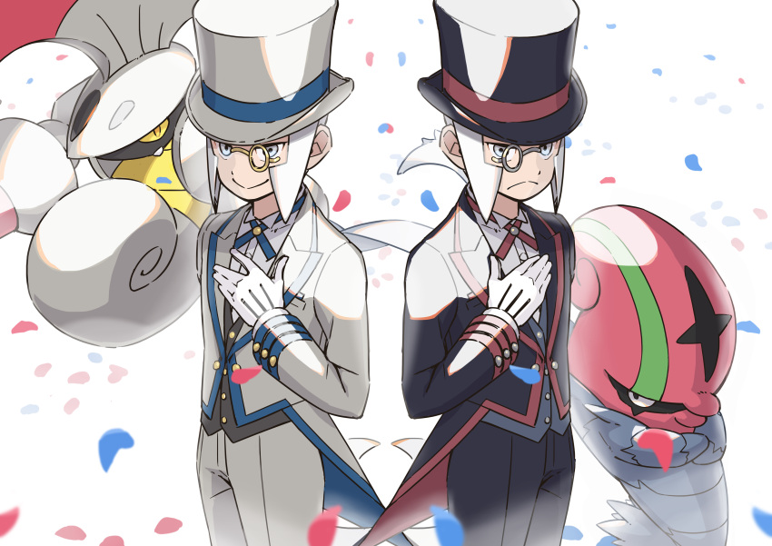 2boys absurdres accelgor black_headwear black_pants brothers buttons closed_mouth commentary_request confetti emmet_(pokemon) escavalier gloves grey_eyes grey_hair grey_vest hat highres ingo_(pokemon) kikugawa_manami long_sideburns male_focus monocle multiple_boys official_alternate_costume pants pokemon pokemon_(creature) pokemon_(game) pokemon_masters_ex shirt short_hair siblings sideburns smile tailcoat top_hat vest white_background white_gloves white_headwear white_shirt