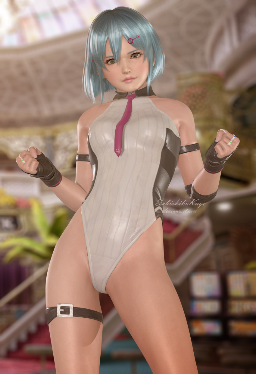 1girl 3d blue_hair blush breasts dead_or_alive dead_or_alive_6 elbow_pads fighter fingerless_gloves gloves green_eyes hair_ornament highres looking_at_viewer medium_breasts necktie nico_(doa) one-piece_swimsuit sabishikukage short_hair solo solo_focus swimsuit thigh_strap