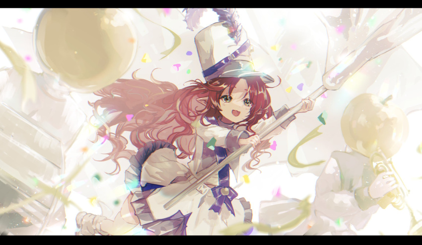 1girl 2others :d apple arknights arm_up bangs boots brown_eyes brown_footwear commentary_request confetti eyebrows_behind_hair fa2_(etu831) flag food frilled_skirt frills fruit golden_apple highres holding holding_flag holding_instrument instrument letterboxed long_hair long_sleeves multiple_others myrtle_(arknights) myrtle_(light_gold_celebration)_(arknights) official_alternate_costume parted_bangs pointy_ears redhead shirt skirt smile solo_focus streamers thigh-highs thighhighs_under_boots trumpet very_long_hair white_flag white_headwear white_legwear white_shirt white_skirt