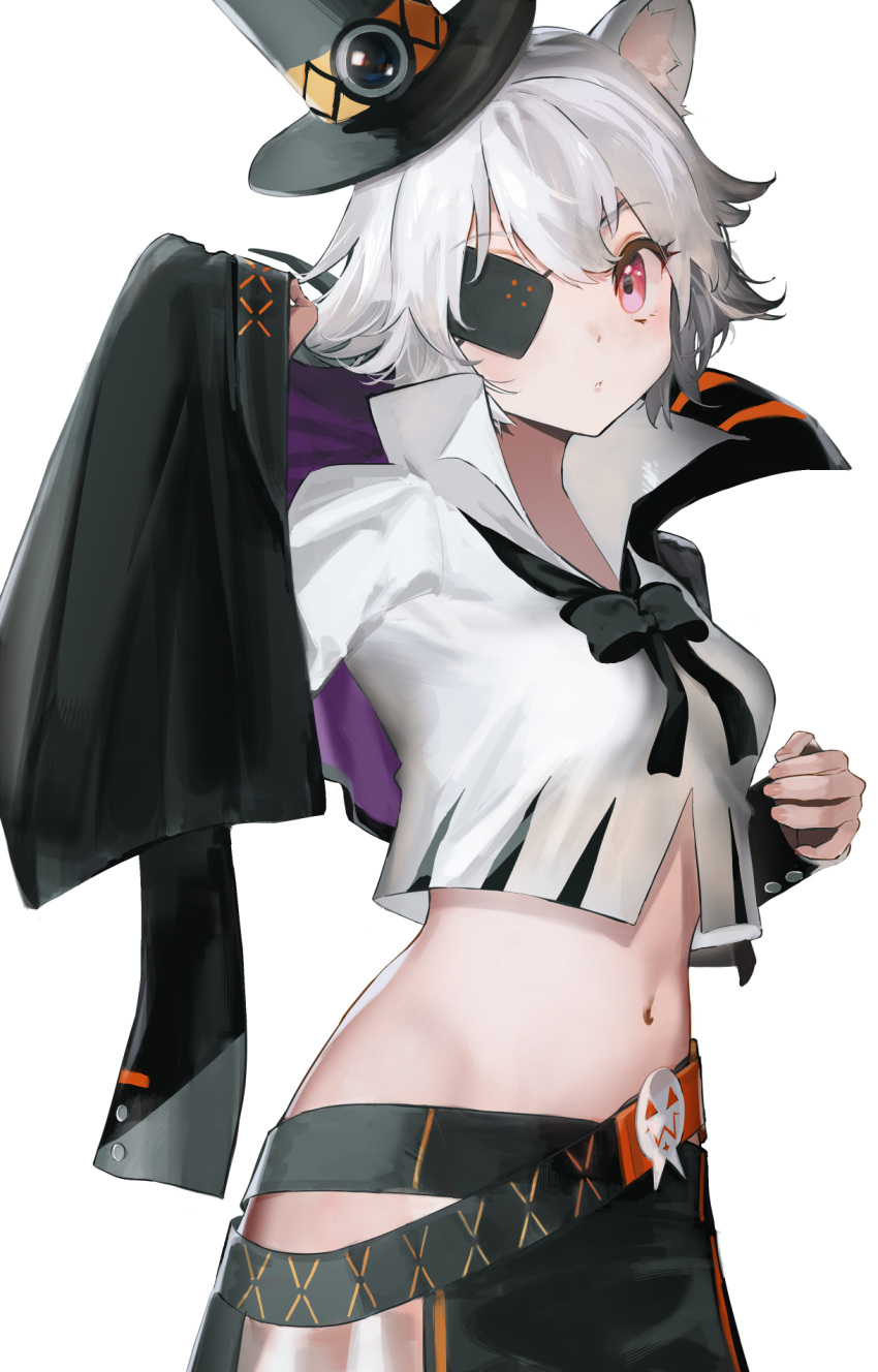 1girl animal_ears arknights belt black_skirt bow bowtie breasts capelet click_(arknights) click_(grave_thief)_(arknights) commentary_request crop_top eyepatch hat high_collar highres looking_at_viewer midriff navel red_eyes see-through shirt short_hair simple_background skirt small_breasts solo stomach top_hat upper_body white_background white_hair white_shirt yamamura_saki