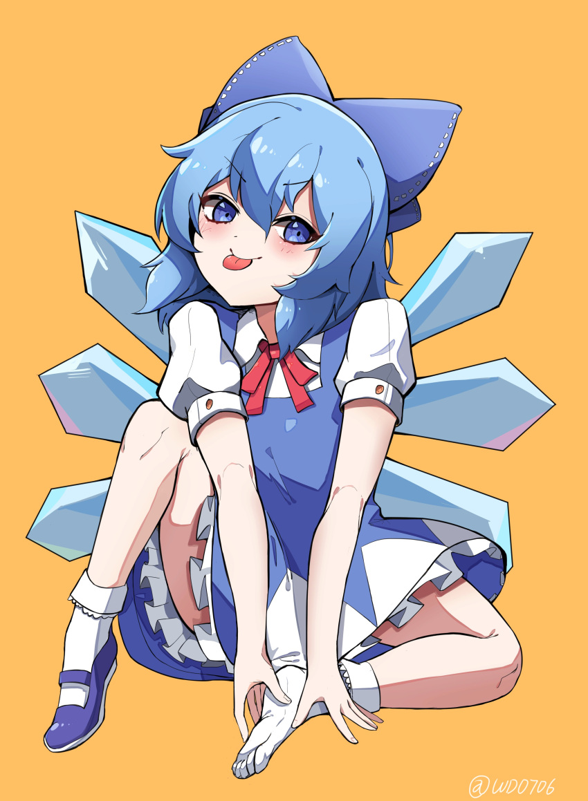 1girl :p absurdres bangs bloomers blue_bow blue_dress blue_eyes blue_footwear blue_hair blush bow cirno collared_shirt commentary dress hair_between_eyes hair_bow highres ice ice_wings looking_at_viewer mary_janes neck_ribbon orange_background pinafore_dress puffy_sleeves red_ribbon ribbon shirt shoes short_hair simple_background single_shoe socks solo tongue tongue_out touhou twitter_username underwear wd0706 white_legwear white_shirt wing_collar wings
