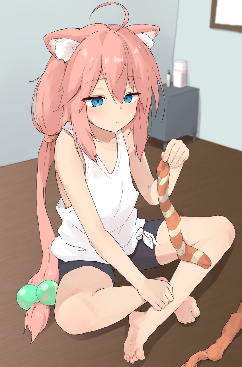 1girl absurdres ahoge animal_ears barefoot blue_eyes cat_ears cat_girl collarbone commentary_request eyebrows_visible_through_hair flat_chest hair_bobbles hair_ornament highres hinata_channel holding holding_clothes holding_legwear indian_style long_hair low_twintails nekomiya_hinata pink_hair sitting sleeveless soles solo tank_top toes twintails virtual_youtuber white_tank_top yakihebi