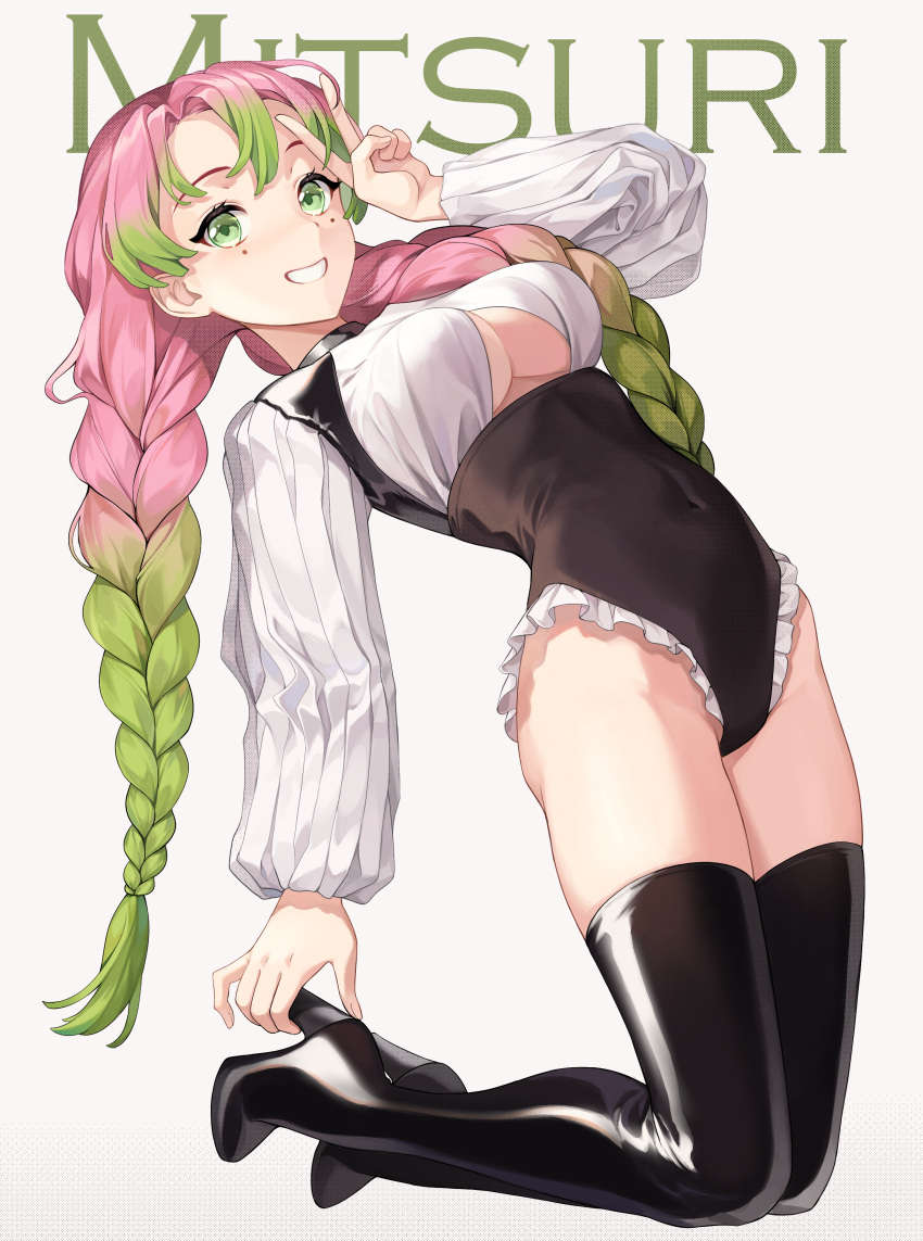 1girl absurdres aniroud arm_up bangs black_footwear black_legwear black_leotard blush boots braid breasts character_name clothing_cutout frilled_leotard frills full_body gradient_hair green_eyes green_hair grin high_heel_boots high_heels highres kanroji_mitsuri kimetsu_no_yaiba leotard long_hair long_sleeves looking_at_viewer medium_breasts mole mole_under_eye multicolored_hair pink_hair puffy_long_sleeves puffy_sleeves shirt smile solo thigh-highs thigh_boots twin_braids twintails under_boob underboob_cutout v very_long_hair white_background white_shirt