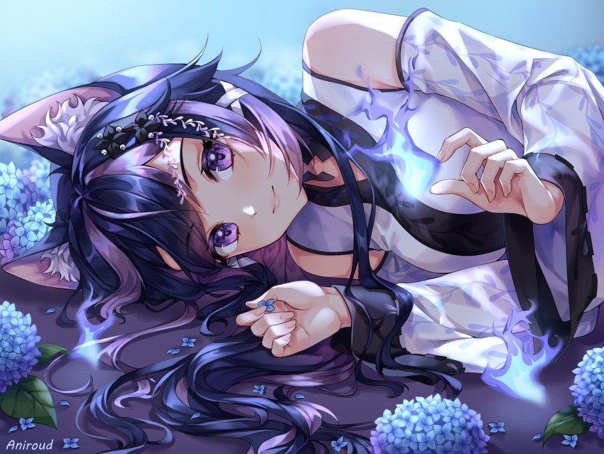 1girl animal_ear_fluff animal_ears aniroud bangs bare_shoulders black_hair blue_flower character_request closed_mouth detached_sleeves eyebrows_visible_through_hair fingernails flower highres hitodama hydrangea indie_virtual_youtuber japanese_clothes kimono long_hair long_sleeves looking_at_viewer lying multicolored_hair on_side purple_hair purple_kimono smile solo two-tone_hair upper_body violet_eyes virtual_youtuber wide_sleeves