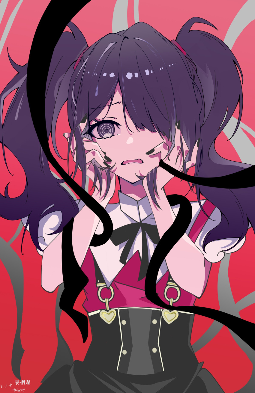 1girl absurdres ame-chan_(needy_girl_overdose) black_nails darkness eyebrows_visible_through_hair hair_over_one_eye hands_on_own_face highres long_hair needy_girl_overdose open_mouth red_background ringed_eyes scared short_sleeves skirt solo suspender_skirt suspenders twintails two_side_up violet_eyes