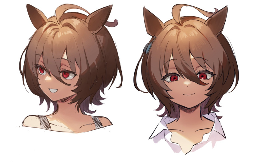 1girl agnes_tachyon_(umamusume) ahoge animal_ears bangs brown_hair closed_mouth collarbone collared_shirt earrings hair_between_eyes highres horse_ears jewelry looking_at_viewer looking_to_the_side medium_hair multiple_views nu_tarou_(tr84635391) open_mouth portrait red_eyes shirt single_earring smile teeth_hold umamusume white_background white_shirt