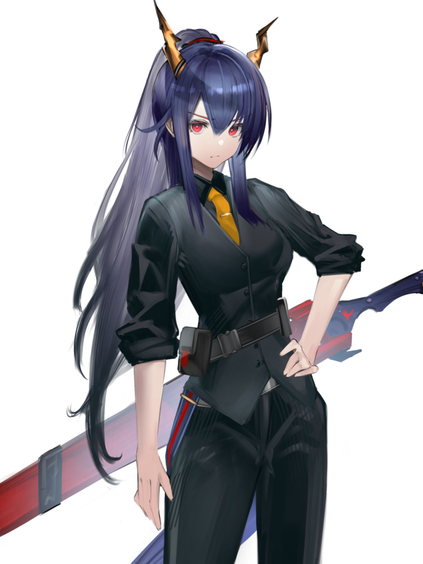 1girl alternate_costume arknights bangs black_jacket black_pants blue_hair breasts ch'en_(arknights) closed_mouth dragon_girl dragon_horns dragon_tail eugle_na eyebrows_visible_through_hair hand_on_hip highres horns jacket long_hair long_sleeves looking_at_viewer medium_breasts necktie orange_necktie pants ponytail red_eyes sheath sheathed sidelocks simple_background sleeves_pushed_up solo sword tail v-shaped_eyebrows very_long_hair weapon weapon_on_back white_background