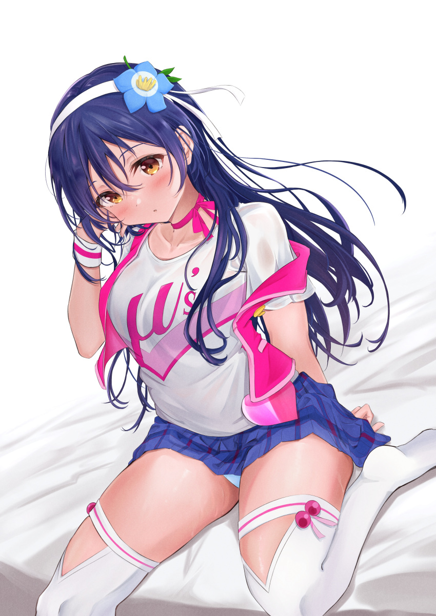 1girl :o absurdres adjusting_hair arm_support bed_sheet blue_flower blue_hair blue_panties blue_skirt blush cropped_jacket flower frontrivers_kae hair_between_eyes hair_flower hair_ornament hand_up happy_maker! headband highres jacket long_hair looking_at_viewer love_live! love_live!_school_idol_project neck_ribbon on_bed panties pantyshot pink_jacket pink_ribbon print_shirt ribbon shirt short_sleeves sitting sitting_on_bed skirt sleeveless sleeveless_jacket solo sonoda_umi thigh-highs underwear white_background white_headband white_legwear white_shirt wristband yellow_eyes