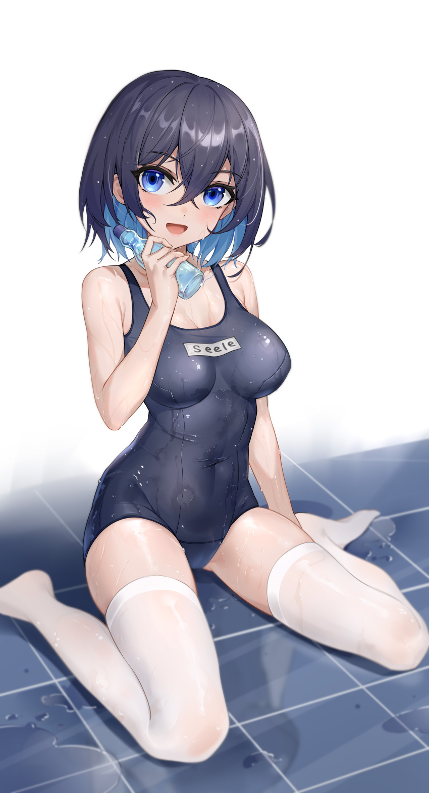 1girl :d absurdres bandages blue_eyes blue_hair blue_swimsuit bob_cut bottle breasts character_name full_body highres holding holding_bottle honkai_(series) honkai_impact_3rd looking_at_viewer medium_hair one-piece_swimsuit open_mouth school_swimsuit seele_vollerei shenqi_xiao_hong_zai_nali sitting smile solo swimsuit thigh-highs tile_floor tiles wariza water_bottle wet wet_clothes white_background white_legwear