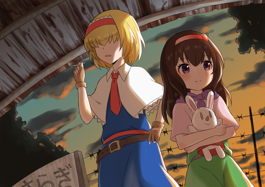 2girls absurdres alice_margatroid bangs barbed_wire belt blonde_hair blue_dress blush brown_belt brown_gloves brown_hair capelet cigarette closed_mouth collared_capelet commentary_request cookie_(touhou) cowboy_shot doll_hug dress dutch_angle eyebrows_visible_through_hair fingerless_gloves food-themed_hair_ornament gloves green_dress hair_between_eyes hair_ornament hair_over_eyes hairband highres ichigo_(cookie) jigen_(cookie) kisaragi_station long_hair looking_to_the_side multiple_girls necktie object_hug open_mouth outdoors pink_capelet purple_scarf red_hairband red_necktie red_sash sash scarf short_hair strawberry_hair_ornament stuffed_animal stuffed_bunny stuffed_toy sunset touhou tsugumi_amon violet_eyes white_capelet