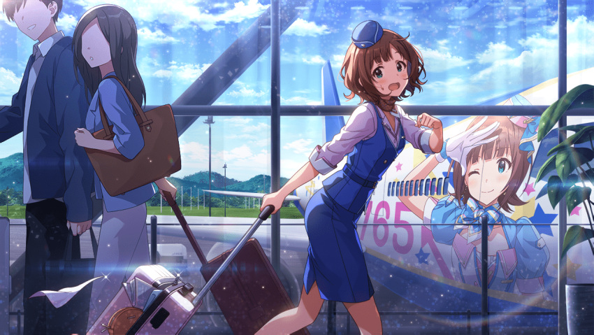 1boy 2girls :o aircraft airplane airport amami_haruka bangs blue_skirt blue_sky blue_vest blunt_bangs blush brown_hair clouds extra faceless faceless_female faceless_male feet_out_of_frame glass handkerchief hat holding_luggage idol idolmaster idolmaster_million_live! idolmaster_million_live!_theater_days lens_flare light_particles looking_at_viewer looking_to_the_side luggage mini_hat multiple_girls official_art open_collar partially_unzipped pencil_skirt running shirt skirt sky travel_attendant vest white_shirt