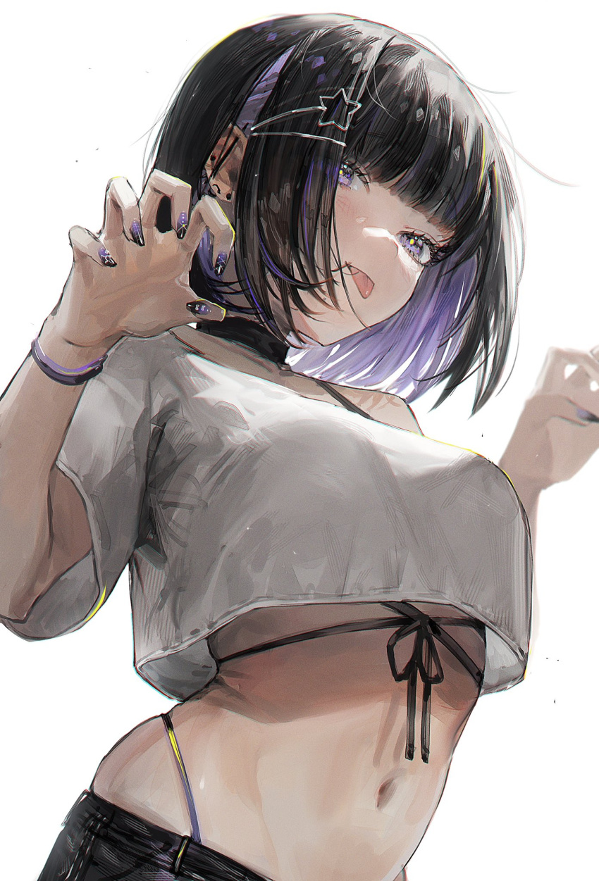 1girl :p bangs black_choker black_hair black_nails blunt_bangs braid choker claw_pose colored_inner_hair commission crop_top ear_piercing hair_ornament hands_up highres long_hair looking_at_viewer multicolored_hair nail_polish navel original piercing purple_hair shirt short_sleeves simple_background skeb_commission solo star_(symbol) star_hair_ornament stomach tongue tongue_out tsukiiro upper_body violet_eyes white_background white_shirt