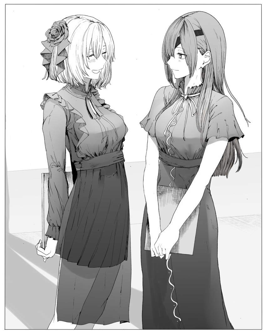 2girls bangs blush breasts closed_mouth dress eyebrows_behind_hair eyebrows_visible_through_hair eyepatch fate/grand_order fate_(series) greyscale hair_ornament highres long_hair looking_at_viewer mash_kyrielight monochrome multiple_girls open_mouth ophelia_phamrsolone short_hair skirt smile syatey