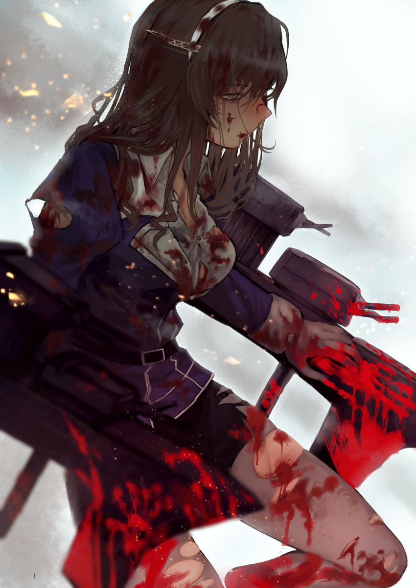 absurdres adapted_turret black_hair black_skirt blood blood_in_hair blood_on_arm blood_on_clothes blood_on_face blood_on_hands blood_on_leg blue_jacket breasts character_request commentary_request hagioshi hairband headgear highres jacket kantai_collection large_breasts long_hair machinery miniskirt rigging skirt