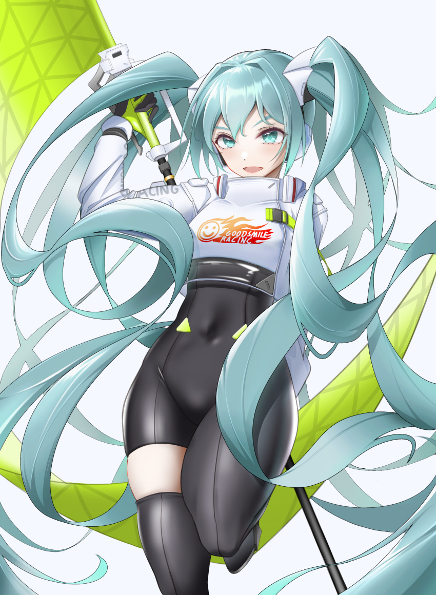1girl absurdly_long_hair absurdres aqua_eyes aqua_hair arm_behind_back asymmetrical_bodysuit black_bodysuit bodysuit covered_navel crop_top crop_top_overhang cropped_jacket eyebrows_behind_hair flag flagpole flame_print goodsmile_racing hatsune_miku highres holding holding_flag holding_pole long_hair looking_at_viewer mouseking_(wsjg8378) navel pole racing_miku racing_miku_(2022) single_thighhigh skindentation smiley_face solo thigh-highs two-tone_gloves very_long_hair vocaloid