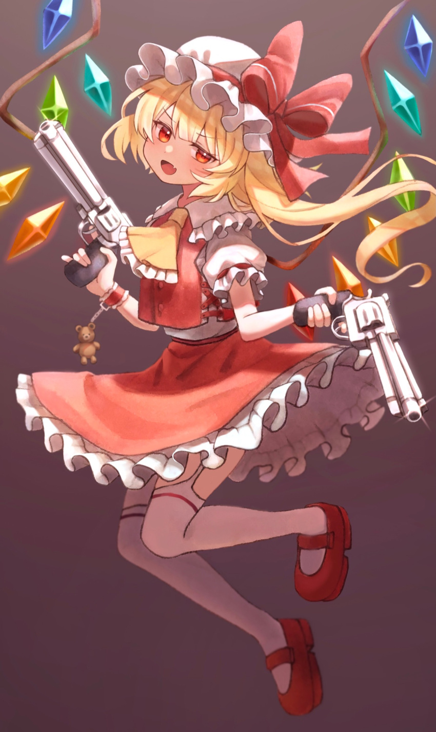 1girl :d ascot bangs blonde_hair blush bow commentary_request crystal eyebrows_visible_through_hair fang flandre_scarlet frilled_shirt frilled_shirt_collar frilled_skirt frilled_sleeves frills full_body gun handgun hat hat_bow hat_ribbon highres hisako_(6anmbblfnjueeff) holding holding_gun holding_weapon looking_to_the_side mary_janes medium_hair mob_cap one_side_up open_mouth pistol puffy_short_sleeves puffy_sleeves red_bow red_eyes red_footwear red_ribbon red_skirt red_vest ribbon shirt shoes short_sleeves side_ponytail skirt skirt_set smile solo thigh-highs touhou vest weapon white_headwear white_legwear white_shirt wings wrist_cuffs yellow_ascot