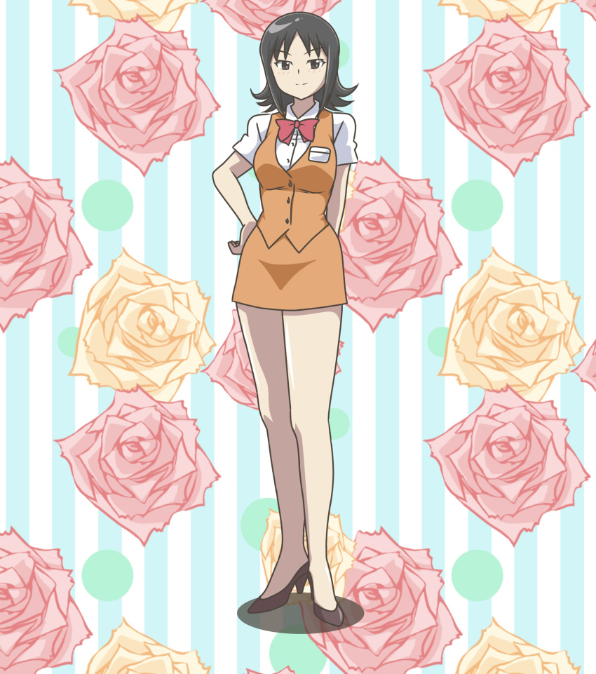 1girl absurdres agent_aika aika_(series) bangs black_eyes black_hair blue_delmo blush breast_pocket breasts brown_footwear buttons closed_mouth commentary_request floral_background flower full_body hand_on_hip high_heels highres kuroyoshi light_blush looking_at_viewer medium_breasts neck_ribbon orange_skirt orange_vest pencil_skirt pocket red_ribbon ribbon rose shirt short_hair short_sleeves skirt smile solo standing uniform vest waitress waitress_delmo white_shirt