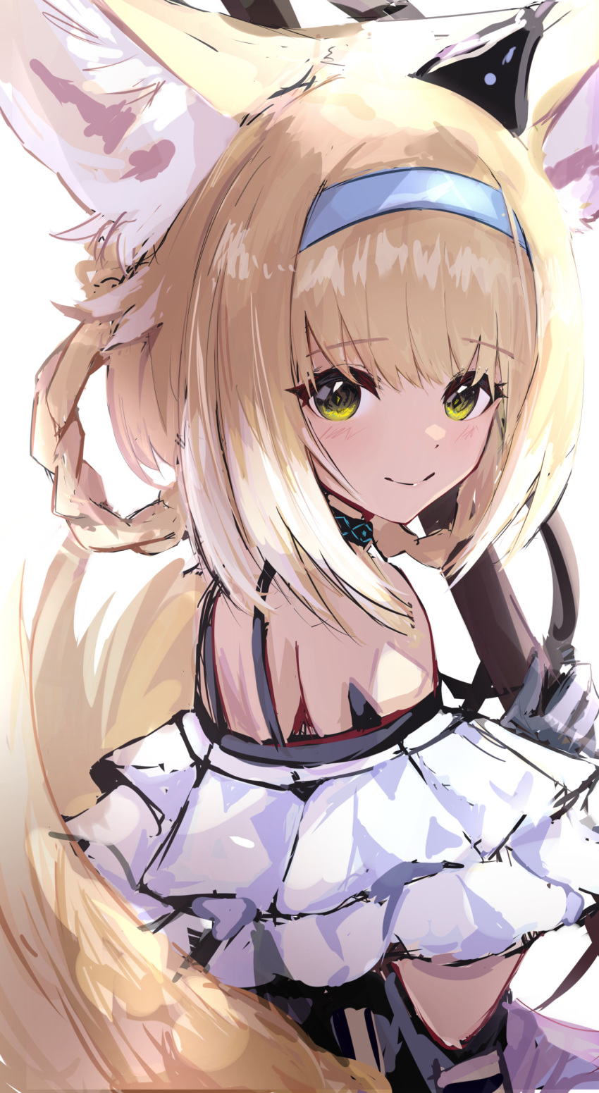 1girl animal_ear_fluff animal_ears arknights bangs bare_shoulders blonde_hair blue_hairband braid closed_mouth commentary_request eyebrows_visible_through_hair fox_ears fox_girl fox_tail green_eyes hair_rings hairband highres infection_monitor_(arknights) looking_at_viewer looking_back multicolored_hair shirt sikinose_val simple_background smile solo suzuran_(arknights) tail twin_braids two-tone_hair upper_body white_background white_hair white_shirt