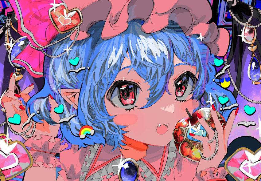1girl :3 :d absurdres bat_wings blue_hair blush_stickers brooch collar commentary dress fang food frilled_collar frills fruit gem hair_between_eyes hat hat_ribbon heart highres holding holding_food holding_fruit holding_jewelry jewelry looking_at_viewer mob_cap momae_makku nail_polish necklace pink_dress pink_headwear pink_ribbon pointy_ears portrait red_eyes red_nails remilia_scarlet ribbon rotated short_hair smile solo sparkle touhou wings wrist_cuffs