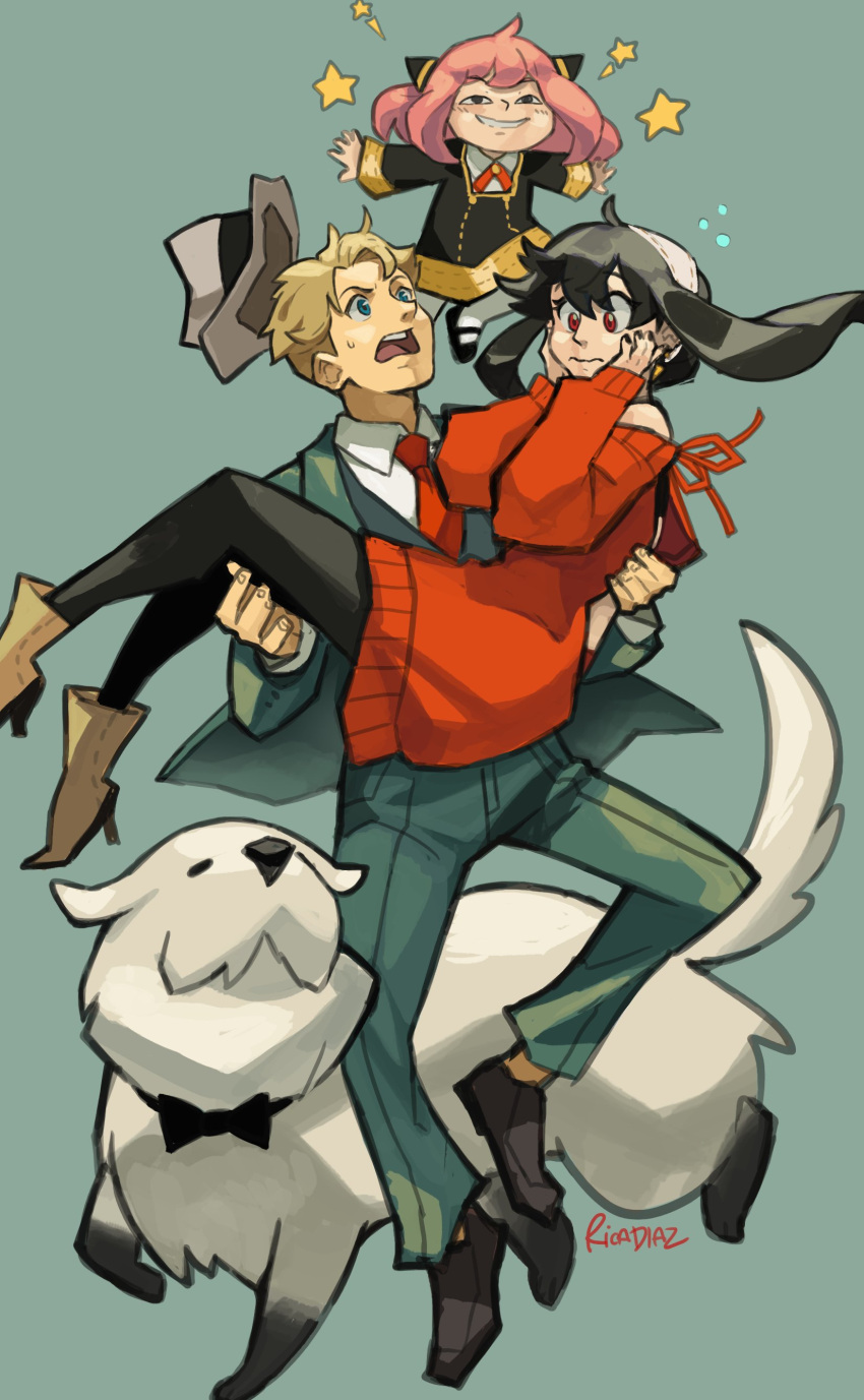 1boy 2girls absurdres ahoge animal anya's_heh_face_(meme) anya_(spy_x_family) bangs black_dress black_hair black_legwear blonde_hair blue_eyes blush bond_(spy_x_family) bow carrying child closed_mouth collarbone collared_shirt commentary dog dress eden_academy_uniform eyebrows_visible_through_hair family full_body green_eyes green_jacket green_vest grey_background hairband hands_on_own_face highres jacket long_sleeves meme multiple_girls necktie off_shoulder open_clothes open_jacket open_mouth pantyhose pink_hair princess_carry red_jacket red_necktie rica_diaz shirt sidelocks simple_background sleeves_past_wrists spy_x_family star_(symbol) sweatdrop twilight_(spy_x_family) undercut vest white_hairband white_shirt wide_sleeves wing_collar yor_briar