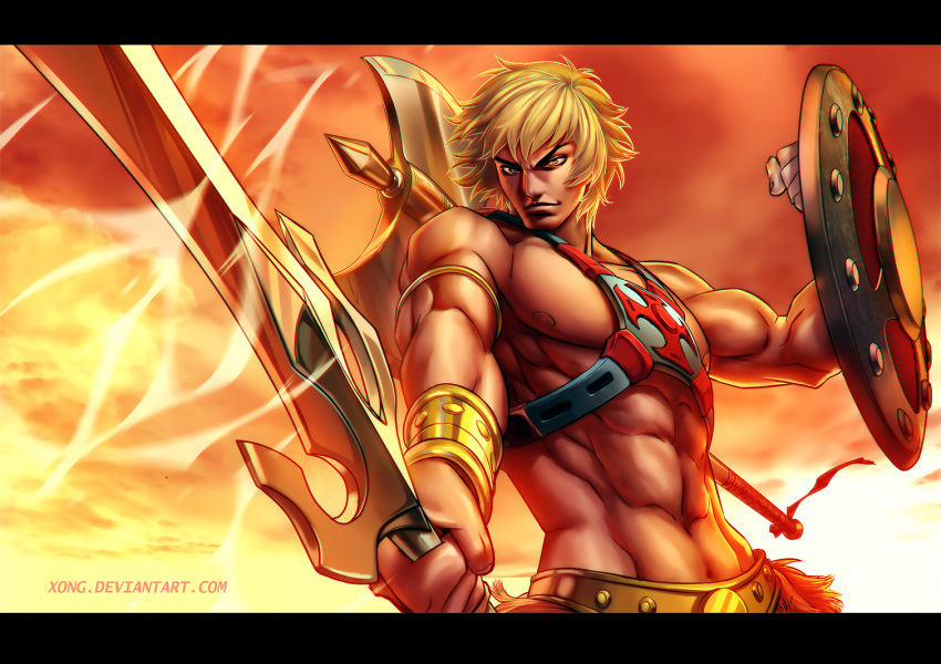 1boy abs animification axe barbarian belt bishounen blonde_hair clouds dusk energy fantasy fire he-man looking_at_viewer masters_of_the_universe muscular shield signature smirk sword sword_of_power tan vest weapon xong