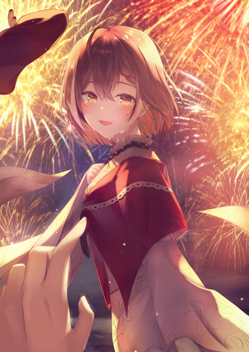 1girl absurdres ahoge bangs beret blush braid braided_bangs brown_eyes brown_hair cloak eyebrows_behind_hair finale fireworks from_side hair_between_eyes hat hat_removed headwear_removed highres hololive hololive_english japanese_clothes kimono long_bangs looking_at_viewer medium_hair nanashi_mumei night open_mouth pov pov_hands smile solo_focus tears virtual_youtuber wind wind_lift