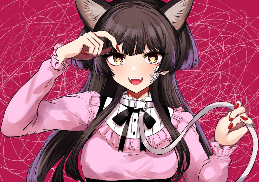 1girl agetama animal_ears bangs black_hair blush cat_ears cat_girl collar commentary commentary_request eyebrows_visible_through_hair frills hand_up highres idolmaster idolmaster_shiny_colors leash long_hair long_sleeves looking_at_viewer mayuzumi_fuyuko nail_polish pink_shirt red_background red_nails shirt smile solo upper_body white_collar yellow_eyes