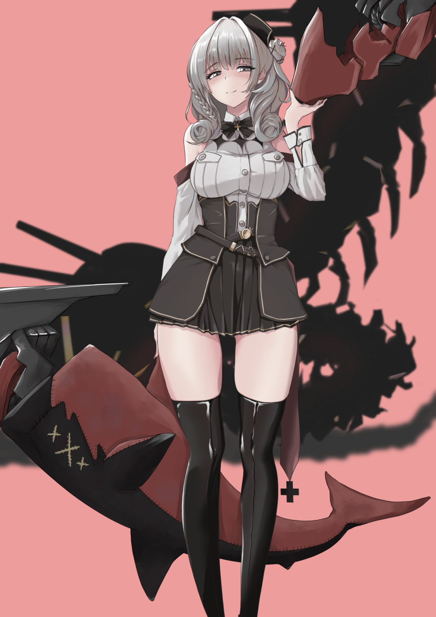 1girl arm_behind_back arm_up azur_lane bangs black_bow black_bowtie black_headwear black_legwear black_skirt blush boots bow bowtie breasts closed_mouth drill_locks eyebrows_visible_through_hair feet_out_of_frame grey_eyes grey_hair highres long_hair looking_at_viewer lutzow_(azur_lane) medium_breasts p.i.t.d red_background shirt skirt smile solo standing thigh-highs thigh_boots thighs white_shirt