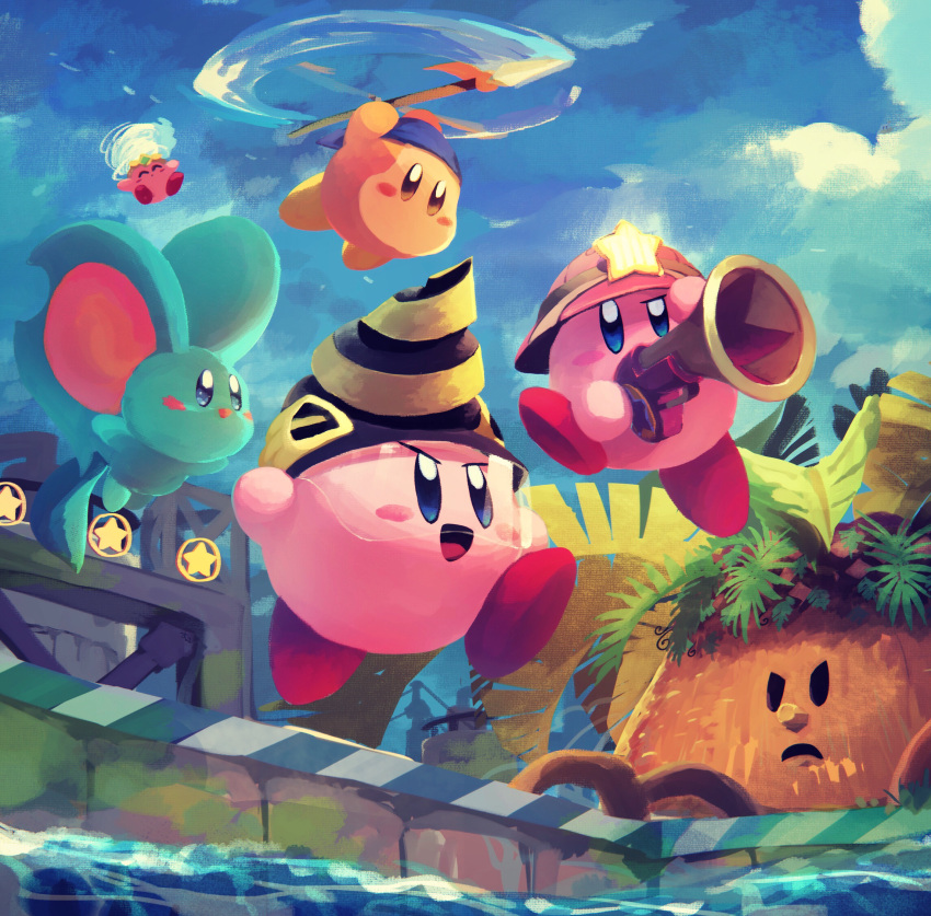 character_request closed_eyes clouds cloudy_sky copy_ability drill elfilin flying frown gun helmet highres kirby kirby_(series) kirby_and_the_forgotten_land looking_to_the_side no_humans open_mouth polearm sky spear star_(symbol) suyasuyabi tongue tornado waddle_dee walking water weapon