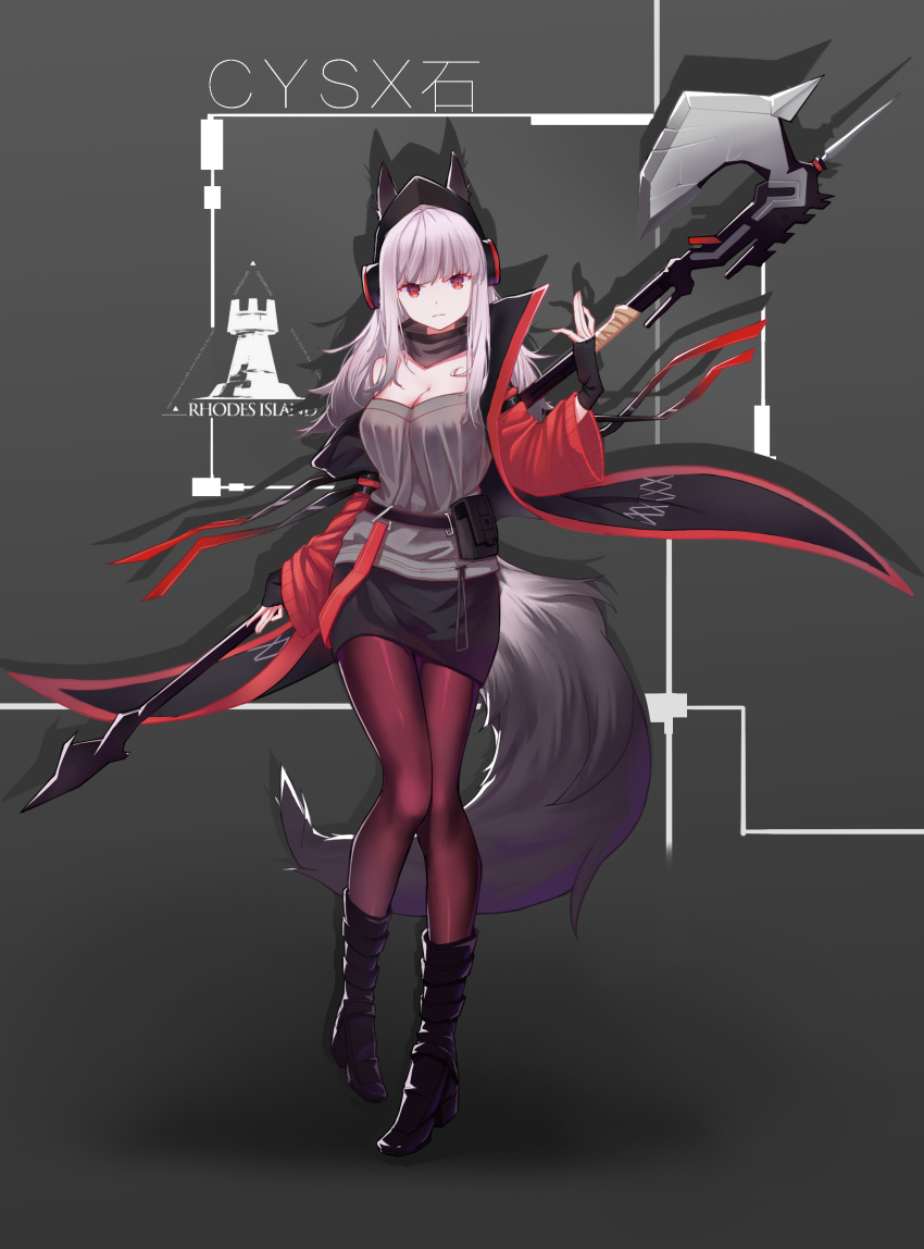 1girl absurdres animal_ears arknights axe bangs beanie belt black_skirt boots breasts closed_mouth coat commentary_request cysx_shi detached_collar ears_through_headwear fingerless_gloves fox_ears fox_girl fox_tail frostleaf_(arknights) gloves grey_background grey_shirt hand_up hat head_tilt headphones highres holding holding_axe holding_polearm holding_weapon long_hair long_sleeves looking_at_viewer miniskirt off-shoulder_shirt off_shoulder oversized_clothes pantyhose polearm red_coat red_eyes red_legwear red_nails rhodes_island_logo shadow shirt sidelocks skirt solo tail weapon white_hair wind wind_lift