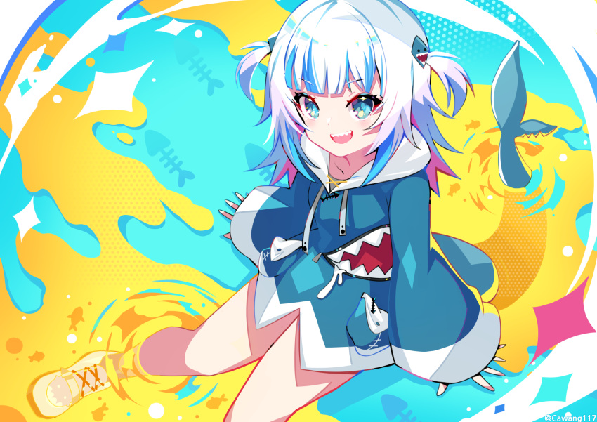 1girl bangs blue_eyes blue_hair blue_hoodie blunt_bangs blush cawang eyebrows_visible_through_hair fish_bone fish_tail gawr_gura hair_ornament highres hololive hololive_english holomyth hood hoodie looking_at_viewer multicolored_background multicolored_hair open_mouth shark_girl shark_hair_ornament shark_tail sharp_teeth shoes short_twintails smile solo streaked_hair tail teeth twintails virtual_youtuber white_hair
