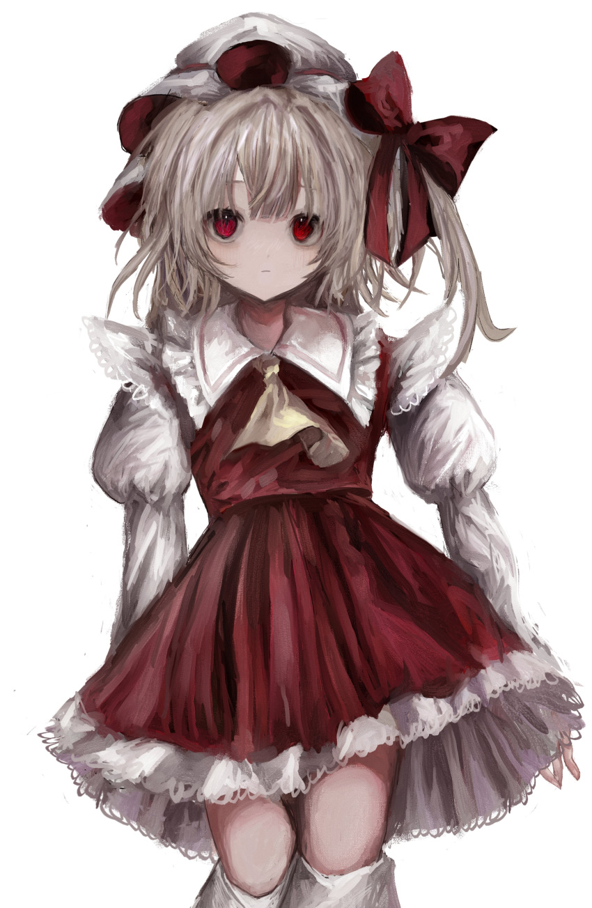 1girl absurdres artist_request ascot blonde_hair expressionless flandre_scarlet frills hat hat_ribbon highres long_sleeves looking_at_viewer mob_cap puffy_sleeves red_eyes red_skirt ribbon shirt skirt skirt_set solo thigh-highs touhou vest white_legwear wings