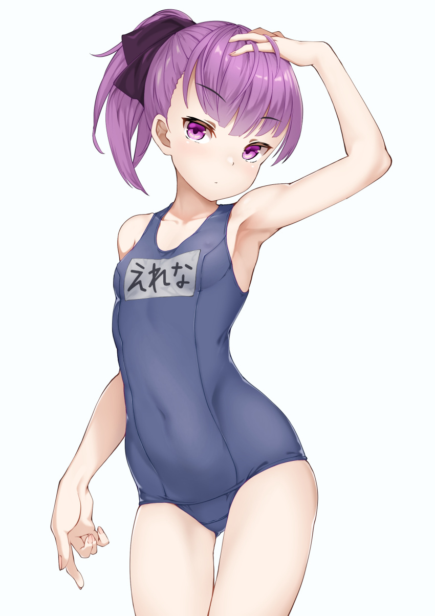 1girl absurdres bangs bare_shoulders blue_swimsuit breasts collarbone covered_navel fate/grand_order fate_(series) helena_blavatsky_(fate) helena_blavatsky_(swimsuit_archer)_(fate) helena_blavatsky_(swimsuit_archer)_(first_ascension)_(fate) highres looking_at_viewer one-piece_swimsuit ponytail purple_hair school_swimsuit short_hair short_ponytail small_breasts solo swimsuit thighs violet_eyes white_background yamachi_(xadp7533)