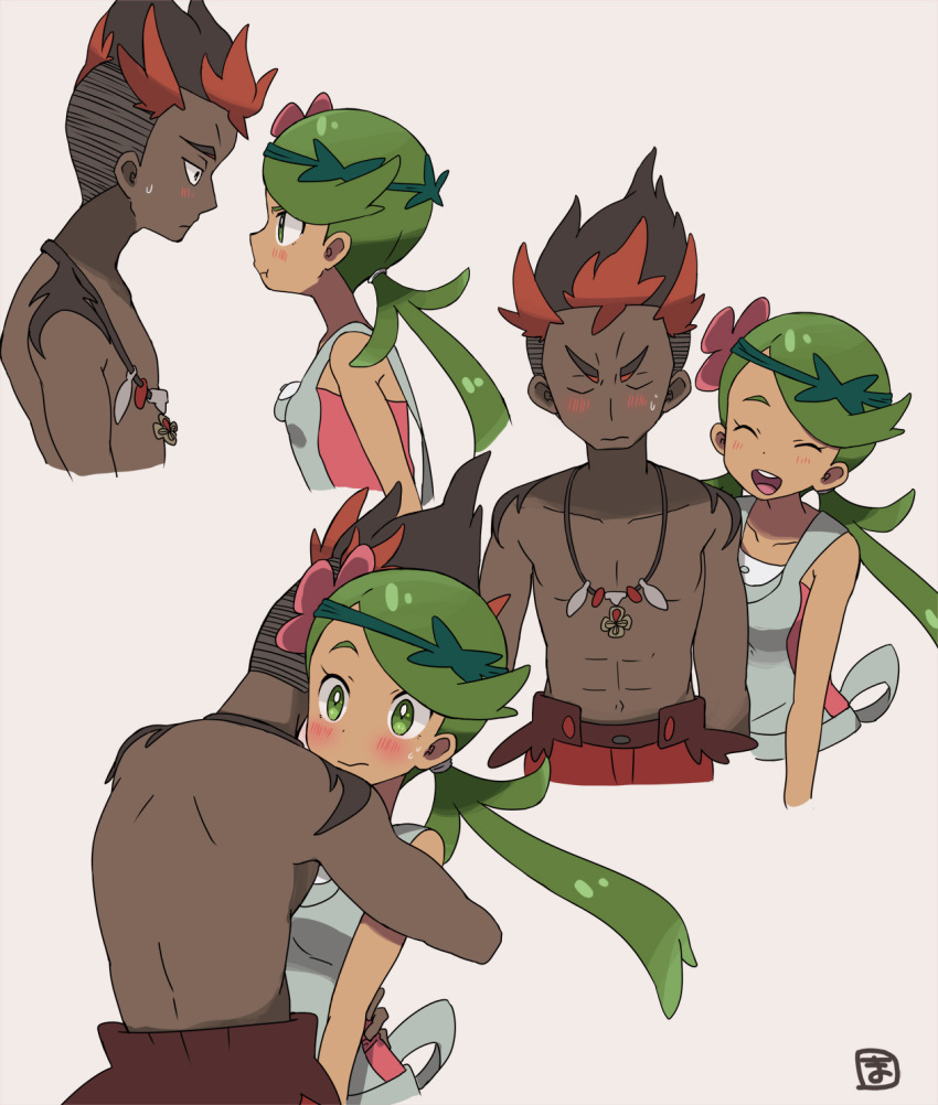 1boy 1girl blush closed_eyes collarbone dark-skinned_female dark-skinned_male dark_skin eye_contact green_eyes green_hair hair_ornament highres hug jewelry kiawe_(pokemon) looking_at_another mallow_(pokemon) masso_n multiple_views necklace open_mouth pokemon pokemon_(game) pokemon_sm pout signature sweat teeth topless_male twintails upper_body