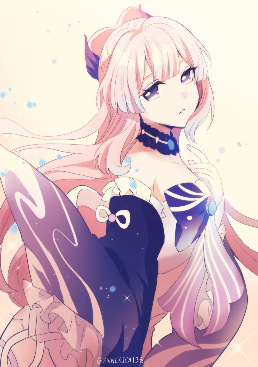 1girl annerica artist_name bare_shoulders blue_eyes collarbone commentary detached_sleeves genshin_impact gloves hand_on_own_chest highres japanese_clothes long_hair looking_at_viewer parted_lips pink_hair sangonomiya_kokomi simple_background solo white_background white_gloves wide_sleeves