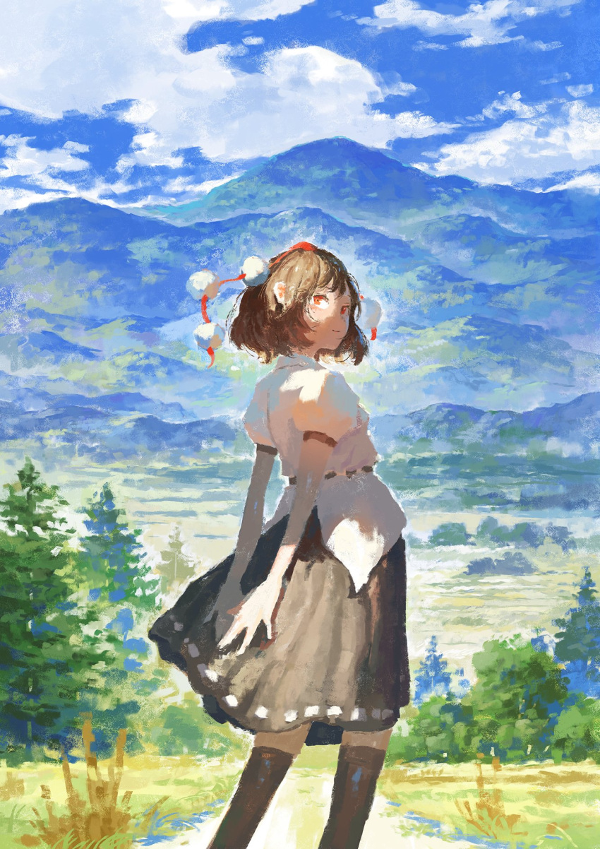 1girl arms_behind_back brown_hair brown_legwear clouds cloudy_sky commentary fjsmu forest from_behind grasslands hat highres mountainous_horizon nature pointy_ears pom_pom_(clothes) puffy_short_sleeves puffy_sleeves red_eyes ribbon ribbon-trimmed_skirt ribbon_trim scenery shameimaru_aya shirt short_hair short_sleeves sideways_glance sky smile solo thigh-highs tokin_hat touhou white_ribbon white_shirt