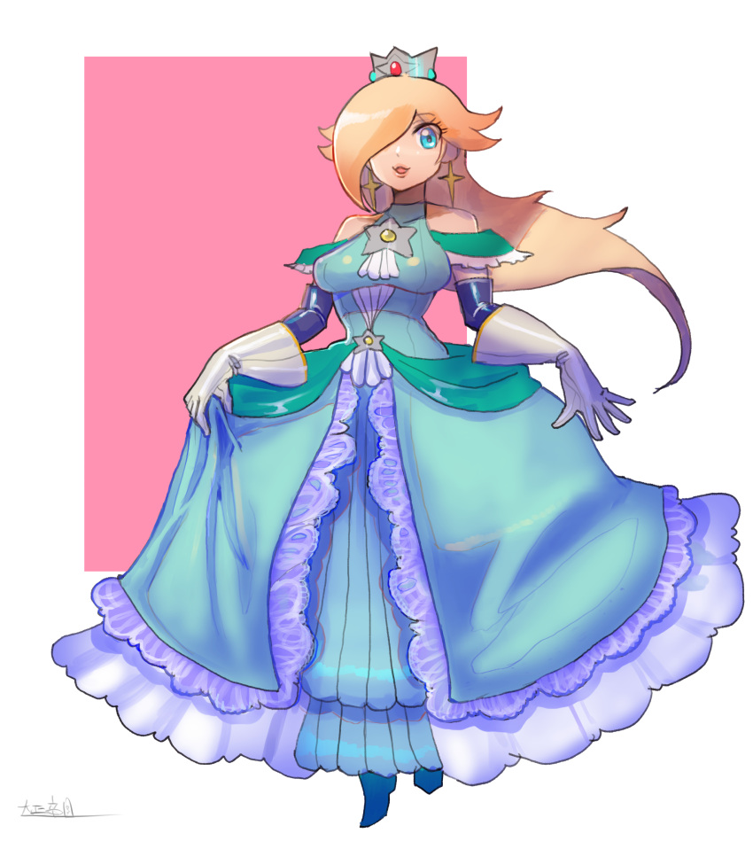 1girl bare_shoulders blonde_hair blue_dress blue_eyes brooch crown dress earrings eyebrows_visible_through_hair full_body gloves hair_over_one_eye highres holding holding_clothes holding_dress jewelry long_hair looking_at_viewer oomasa_teikoku open_mouth rosalina solo star_(symbol) star_earrings super_mario_bros. super_mario_galaxy white_gloves