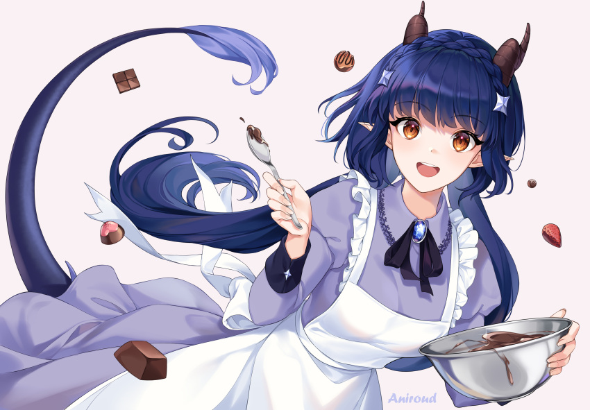 1girl :d absurdres amber_glow aniroud apron bangs blue_hair bowl braid brown_eyes candy chocolate chocolate_bar crown_braid dragon_girl dragon_horns dragon_tail dress eyebrows_visible_through_hair food frilled_apron frills fruit highres holding holding_bowl holding_spoon horns juliet_sleeves long_hair long_sleeves looking_at_viewer pointy_ears puffy_sleeves purple_dress smile solo spoon strawberry tail teeth twintails upper_teeth very_long_hair virtual_youtuber white_apron xiulan_long