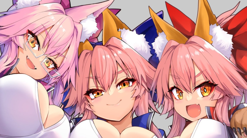 3girls animal_ear_fluff animal_ears bangs blue_bow blush bow breasts commentary commentary_request eyebrows_visible_through_hair fate/extra fate/grand_order fate_(series) fox_ears fox_girl glasses grey_background hair_bow koyanskaya_(fate) large_breasts long_hair looking_at_viewer multiple_girls open_mouth parted_lips pink_bow pink_hair red_bow simple_background smile tamamo_(fate) tamamo_cat_(fate) tamamo_no_mae_(fate/extra) upper_body wisespeak yellow_eyes
