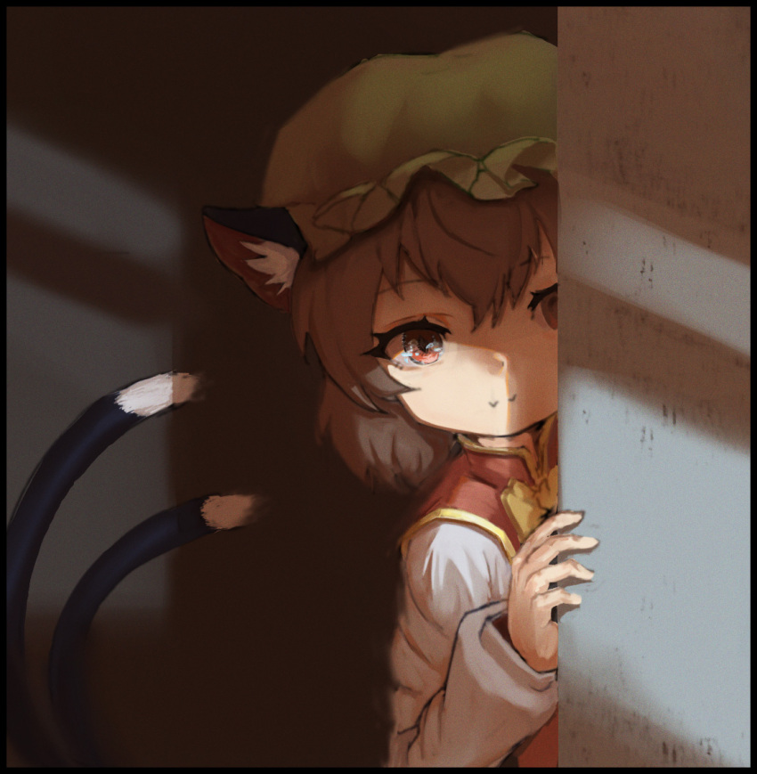 1girl animal_ears border brown_hair cat_ears cat_tail chen closed_mouth dark digits58 earrings fangs fangs_out gold_trim hat jewelry light light_smile long_sleeves looking_at_viewer mob_cap multiple_tails nekomata one_eye_closed peeking_out red_eyes red_vest shadow short_hair single_earring solo tail touhou upper_body vest