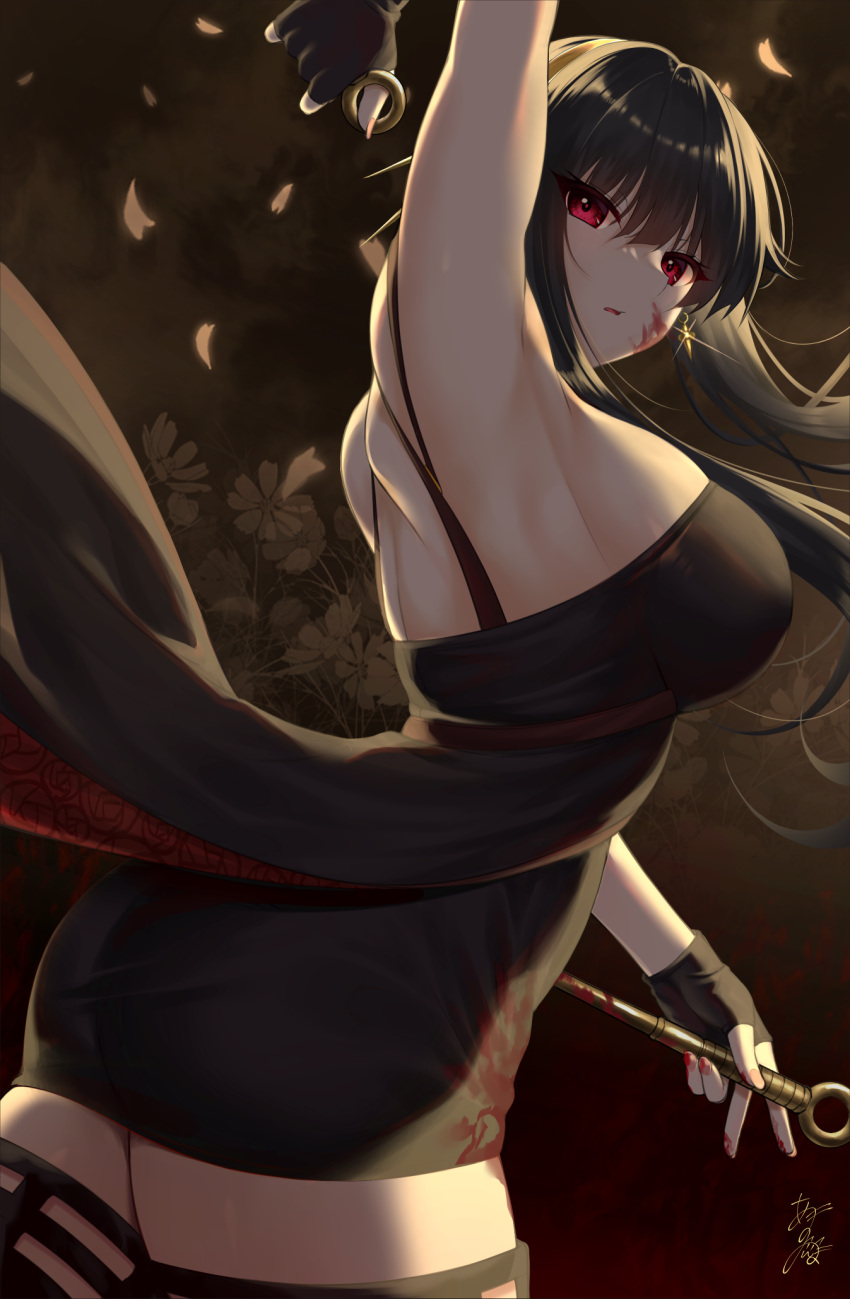 1girl arm_up armpits ass back black_dress black_gloves black_hair blood blood_on_clothes blood_on_face blood_on_hands blood_on_weapon breasts dagger dress falling_petals fingerless_gloves floating_hair floral_print from_side gloves highres holding holding_dagger holding_weapon knife large_breasts long_hair looking_at_viewer parted_lips petals red_eyes reverse_grip rose_print signature solo spy_x_family thigh-highs two-sided_dress two-sided_fabric weapon yor_briar yunagi_amane zettai_ryouiki