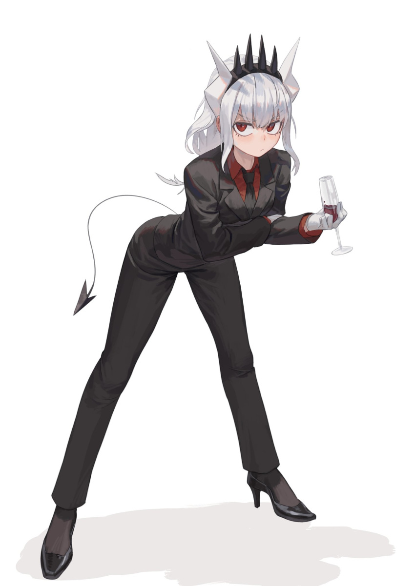 1girl alcohol arm_under_breasts black_pants black_tail breasts crown cup demon_girl demon_horns demon_tail drink drinking_glass glass helltaker highres horns jacket lucifer_(helltaker) max-k necktie pants red_eyes red_shirt shirt tail thighs white_hair white_horns wine wine_glass