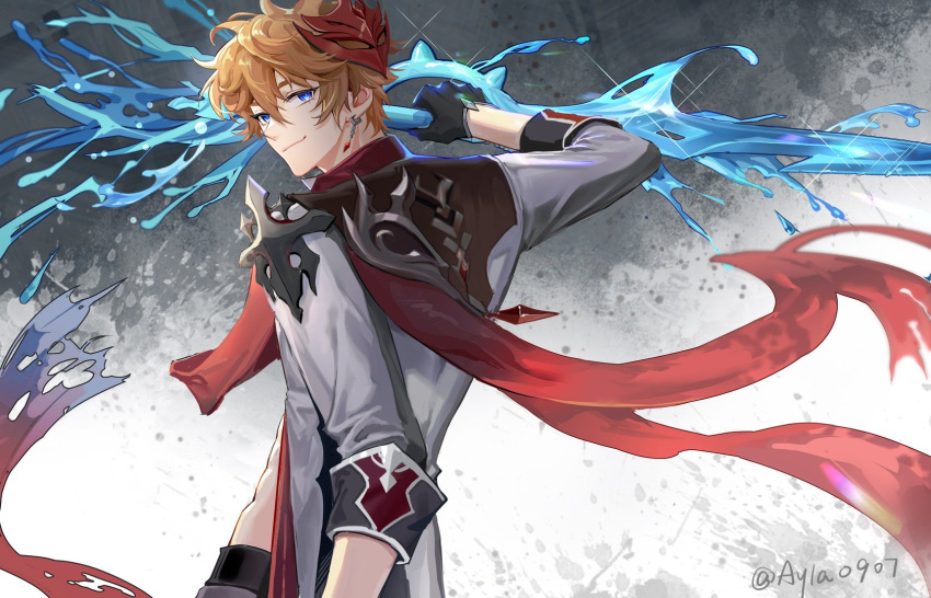 1boy aylar bangs blue_eyes closed_mouth earrings genshin_impact hair_between_eyes highres holding holding_weapon jacket jewelry looking_at_viewer male_focus mask mask_on_head orange_hair red_mask red_scarf scarf simple_background single_earring solo tartaglia_(genshin_impact) torn_scarf twitter_username upper_body water weapon