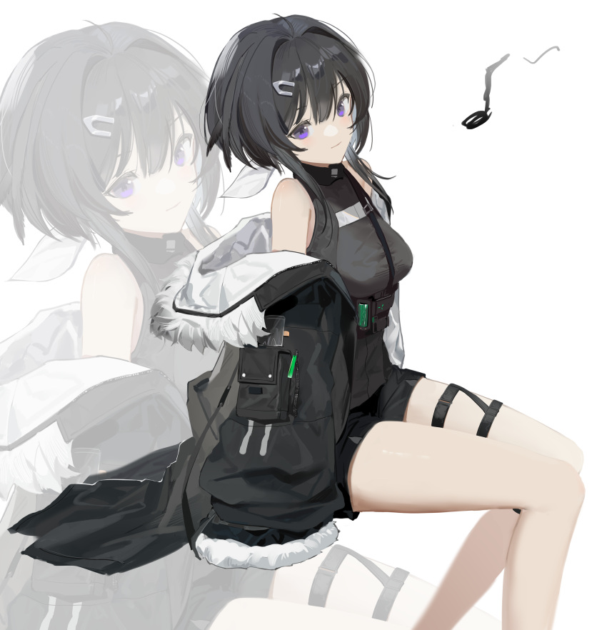 1girl absurdres arknights black_hair black_jacket black_shirt black_shorts chinese_commentary closed_mouth commentary_request eighth_note feet_out_of_frame hair_ornament hairclip highres jacket kuo_(kuo114514) la_pluma_(arknights) long_sleeves looking_at_viewer musical_note off_shoulder shirt short_hair_with_long_locks short_shorts shorts simple_background sitting sleeveless sleeveless_shirt solo thigh_strap violet_eyes white_background zoom_layer