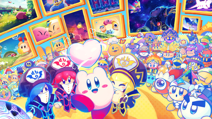 6+boys 6+girls 6+others absurdres bandana_waddle_dee blonde_hair blue_hair bomber_(kirby) character_request chef_kawasaki closed_eyes creature flamberge_(kirby) francisca_(kirby) hammer happy heart highres hyness kirby kirby:_star_allies kirby_(series) looking_at_viewer monster morpho_knight one-eyed open_mouth redhead suyasuyabi tongue void_(kirby) void_soul void_termina waddle_dee waddle_doo weapon zan_partizanne