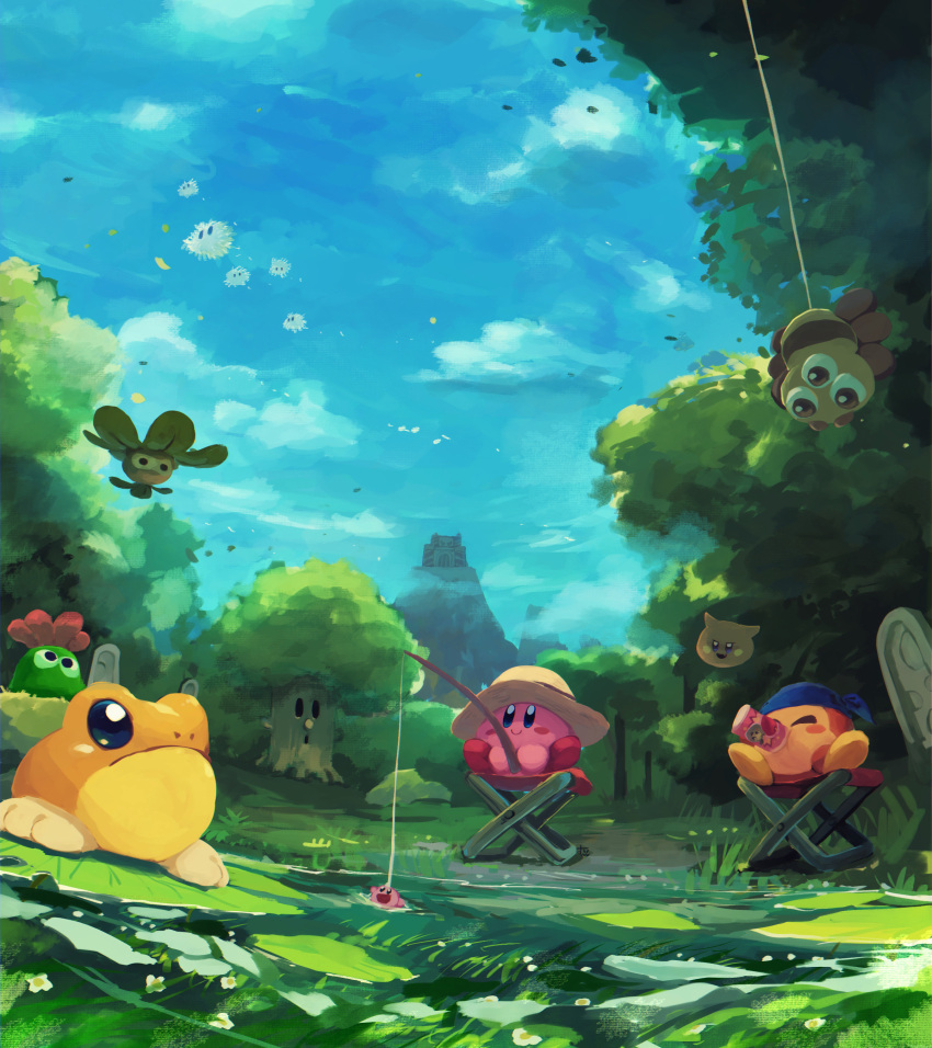 absurdres bandana branch can chair character_request closed_eyes clouds cloudy_sky day drinking falling_leaves fishing flower forest frog hat highres kirby kirby_(series) leaf looking_to_the_side lotus monster nature ocean outdoors sitting sky smile suyasuyabi tree