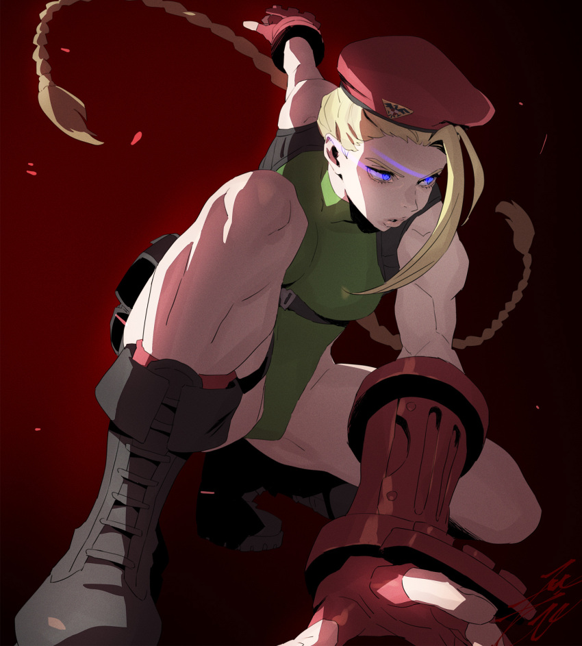 1girl bangs beret blonde_hair blue_eyes boots braid breasts cammy_white chest_harness dynamic_pose fingerless_gloves from_below full_body garrison_cap gloves green_leotard harness hat highleg highleg_leotard highres holster kobayashi_gen leotard long_hair scar shoes simple_background solo spread_legs squatting street_fighter thigh_holster thighs thong_leotard twin_braids