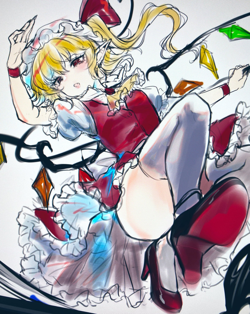 1girl ascot ass blonde_hair blush convenient_leg crystal flandre_scarlet frills from_below grey_background hat hat_ribbon highres kyogoku-uru laevatein_(touhou) mary_janes mob_cap pointy_ears puffy_short_sleeves puffy_sleeves red_eyes red_footwear red_ribbon red_skirt ribbon shoes short_sleeves simple_background sketch skirt skirt_set solo thigh-highs touhou traditional_media vest white_legwear wings wrist_cuffs