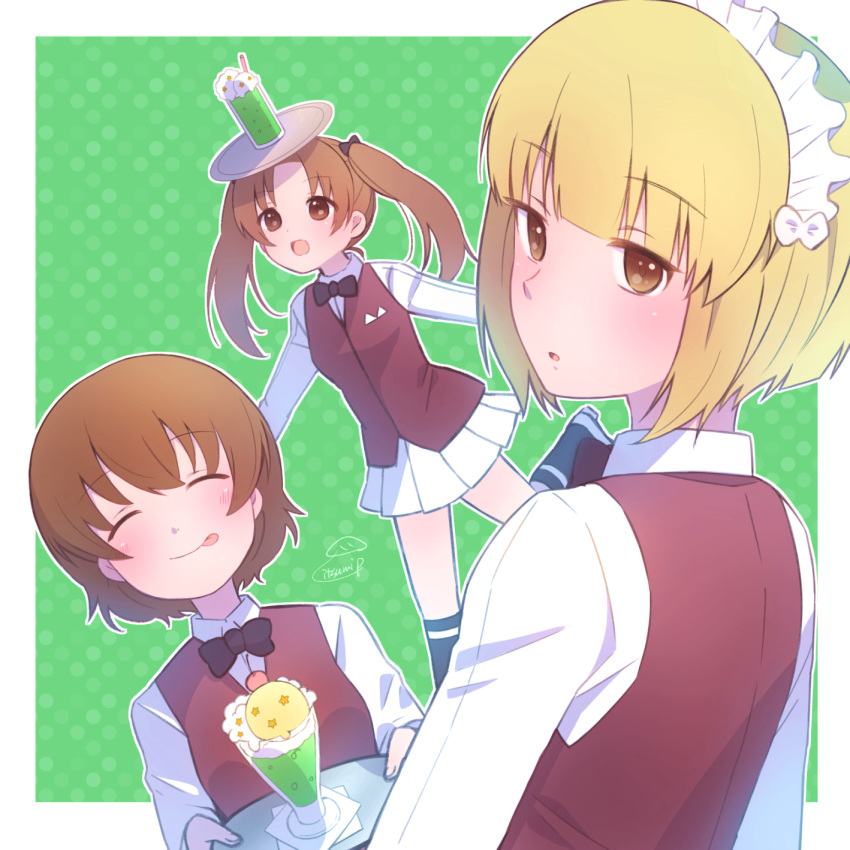 3girls :q artist_name balancing bangs bartender black_bow black_bowtie black_legwear blonde_hair blunt_bangs bob_cut bow bowtie brown_vest cherry_blossoms closed_mouth cosplay cutlass_(girls_und_panzer) cutlass_(girls_und_panzer)_(cosplay) dress_shirt eyebrows_visible_through_hair facing_viewer food freckles from_behind girls_und_panzer green_background handkerchief highres holding holding_tray ice_cream ice_cream_float itsumip kadotani_anzu leaning_forward leg_up long_hair long_sleeves looking_at_viewer looking_back looking_to_the_side maid_headdress miniskirt multiple_girls ooarai_naval_school_uniform open_mouth outline parted_lips pleated_skirt polka_dot polka_dot_background school_uniform shirt shoes short_hair signature single_horizontal_stripe skirt smile socks standing standing_on_one_leg tongue tongue_out tray tsuchiya_(girls_und_panzer) twintails vest white_footwear white_outline white_shirt white_skirt wing_collar