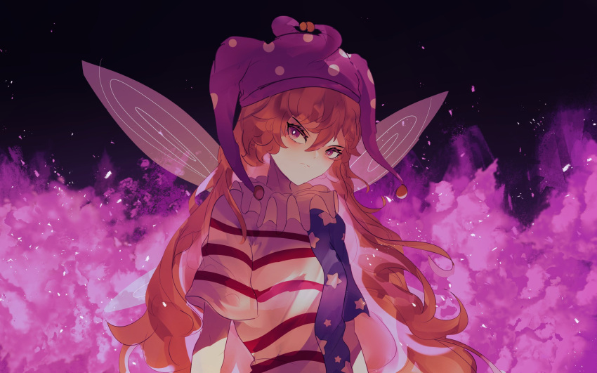 1girl american_flag_dress american_flag_shirt annoyed blonde_hair clownpiece dress fairy fairy_wings fire frilled_shirt_collar frills hat highres jester_cap long_hair looking_at_viewer naufaldreamer neck_ruff pink_eyes polka_dot polka_dot_headwear purple_fire short_sleeves solo star_(symbol) star_print striped striped_dress touhou transparent_wings upper_body very_long_hair wings